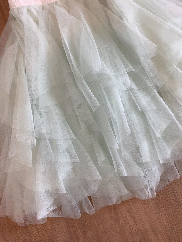 Flattering A-Line Lace Trim Tulle Mini Skirt Graceful Spaghetti Strap Cinched-Waist Bow Short Dress AP4052