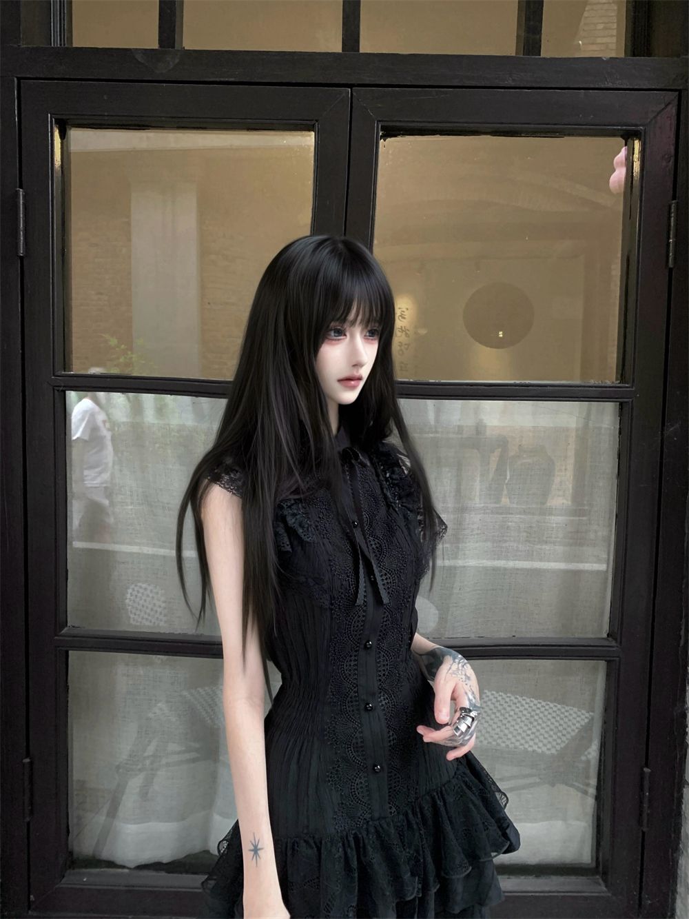 Attractive A-Line Jewel Neck Mini Skirt Vogue Black Ruffles Lace Trim Tiered Short Dress AP4055