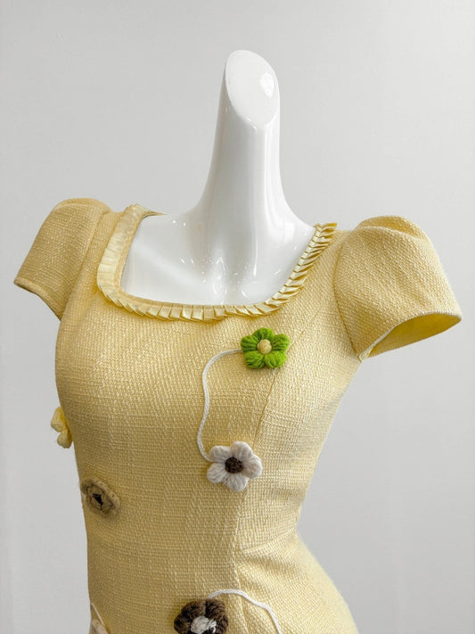 Sexy Short Sleeve Sheath Yellow Maxi Skirt Romantic 3D Floral Square Neck Long Dress AP4056