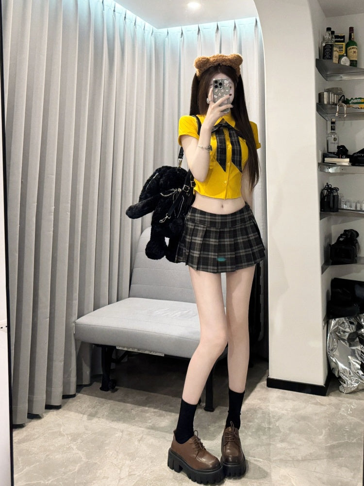 Vogue 2-Piece Set A-Line Plaid Mini Skirt Vibrant Yellow Shirt Lapel Neck Bow Pleated Short Dress AP4057