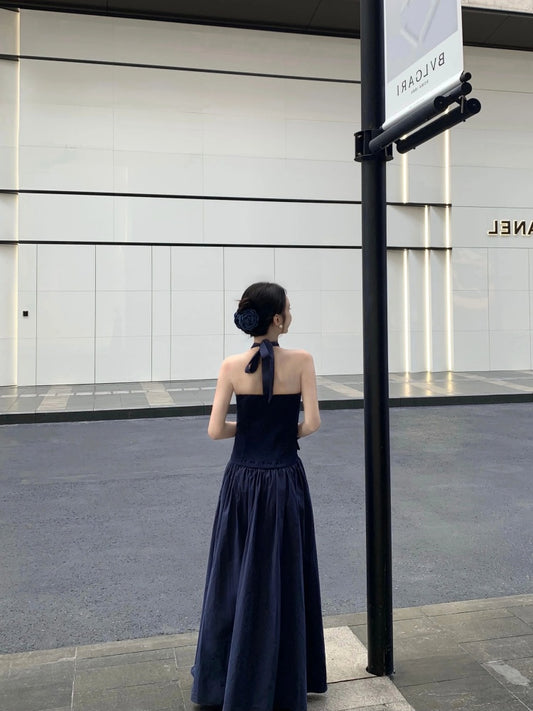 Modern A-Line Navy Blue Maxi Dress Refined Backless Cinched-Waist Halter Long Dress AP4058