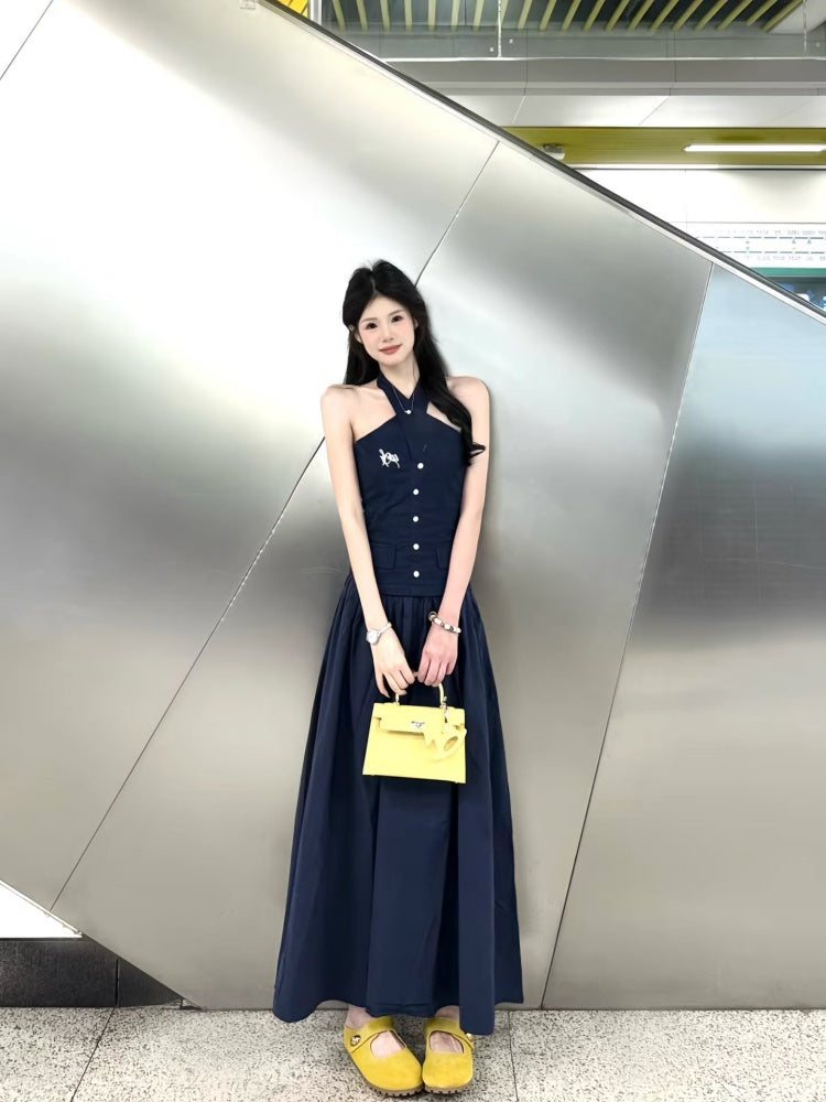 Modern A-Line Navy Blue Maxi Dress Refined Backless Cinched-Waist Halter Long Dress AP4058