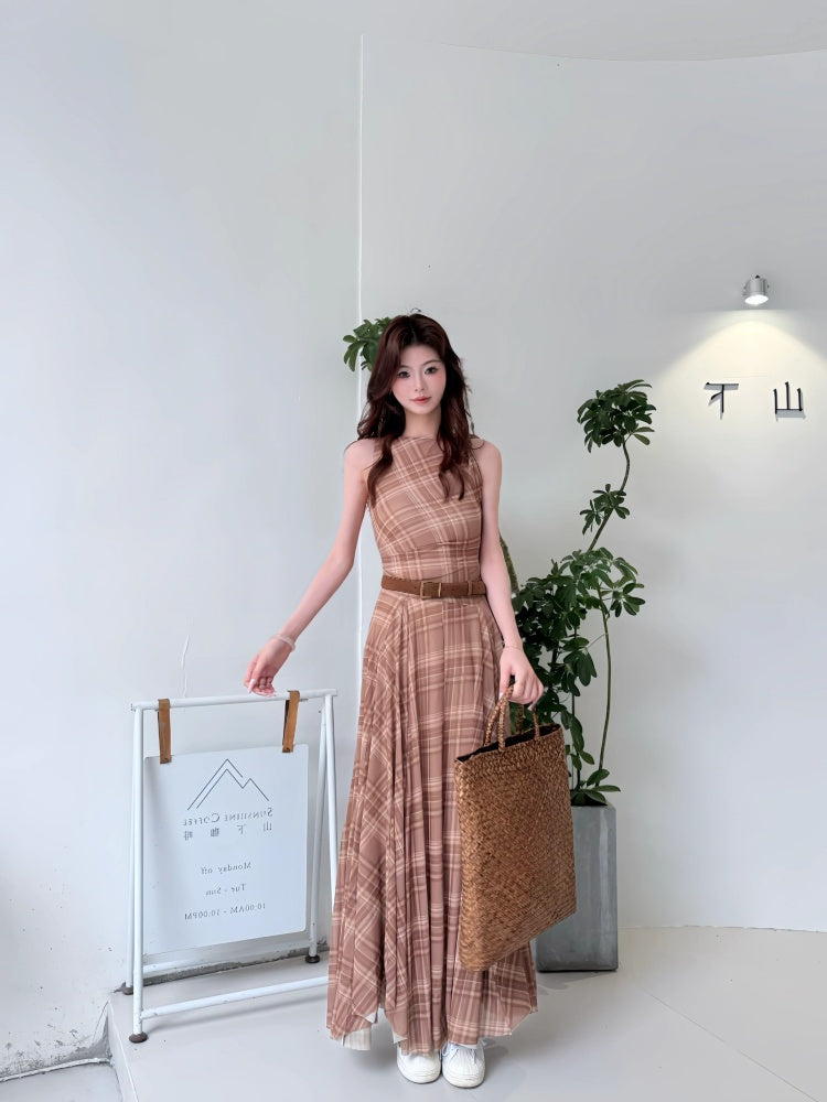 Pretty Plaid A-Line Maxi Dresses Graceful Jewel Neck Cinched-Waist Long Dress AP4060