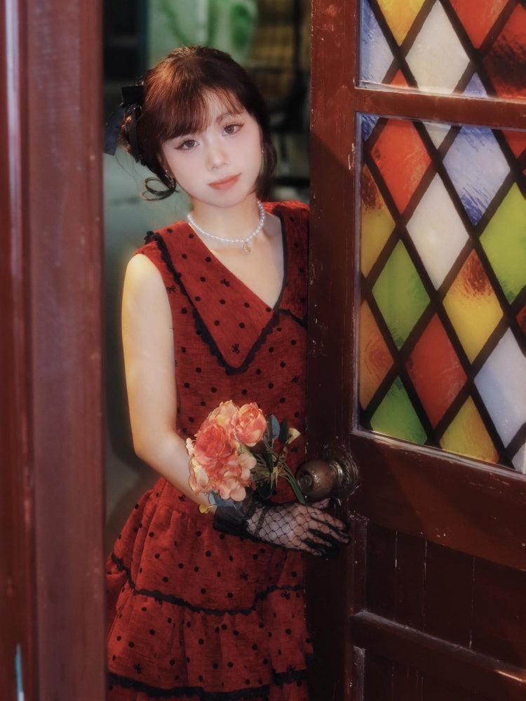 Casual V Neck A-Line Red Mini Skirt Sexy Cinched-Waist Tiered Polka Dots Short Dress AP4067