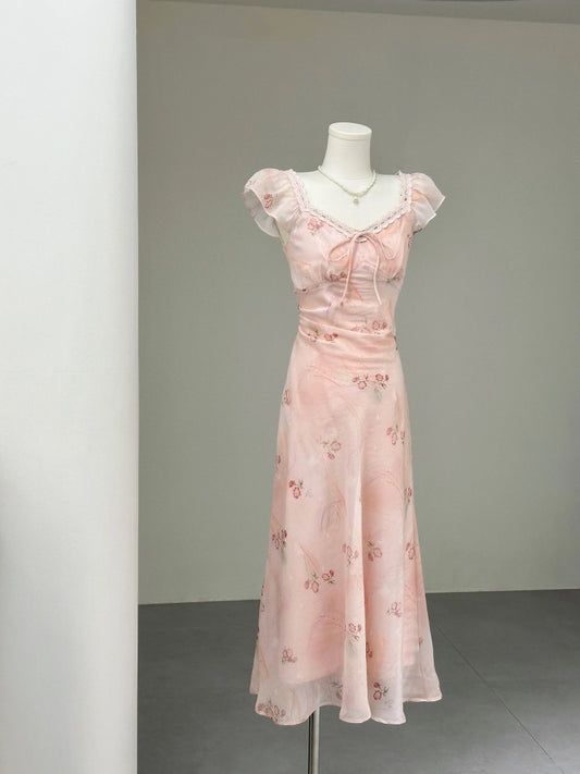 Fairy Short Sleeve A-Line Pink Floral Maxi Skirt Romantic Lace Trim Double Layers V Neck Long Dress AP4070