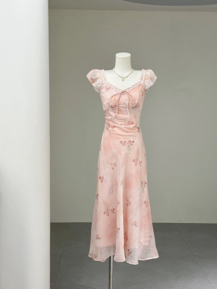 Fairy Short Sleeve A-Line Pink Floral Maxi Skirt Romantic Lace Trim Double Layers V Neck Long Dress AP4070