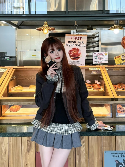 Everyday Wear Jewel Neck 3-Piece Set Mini Skirt Chic Plaid Ruffles Hem Long Sleeve A-Line Short Dress AP4071