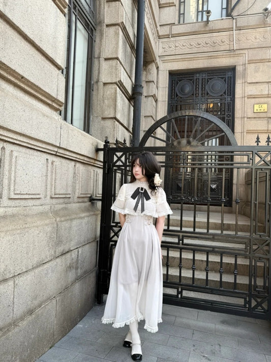 Lovely A-Line Short Sleeve Bow Maxi Skirt Elegant High Collar Ruffles Hem Long Dress AP4072