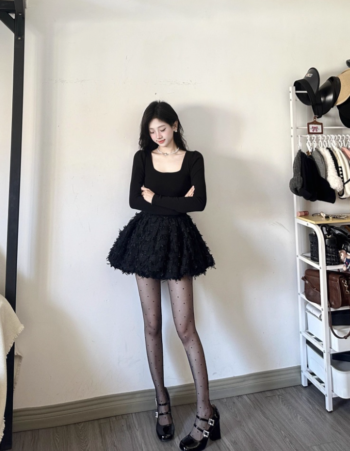 Beautiful 2-Piece Set Jewel Neck Long Sleeve Mini Skirt Alluring Black A-Line Short Dress AP4076