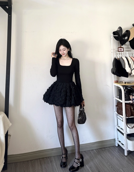 Beautiful 2-Piece Set Jewel Neck Long Sleeve Mini Skirt Alluring Black A-Line Short Dress AP4076