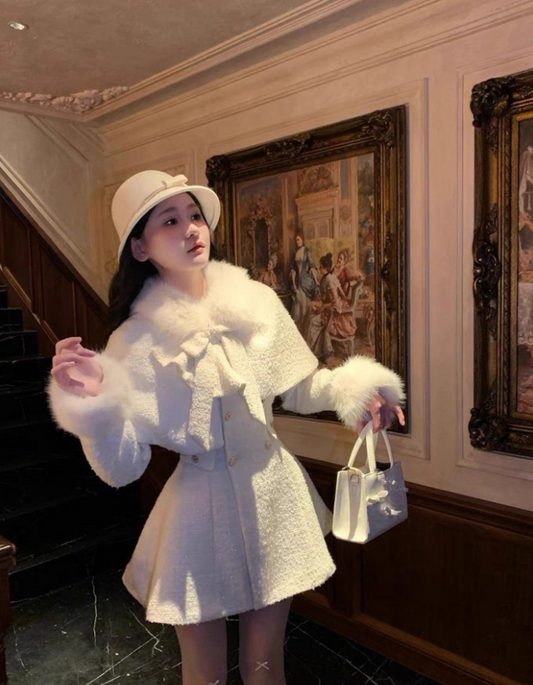 Enchanting Jewel Neck Long Sleeve White Mini Skirt Elegant A-Line Cinched-Waist Fur Trim Short Dress AP4077