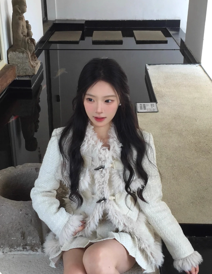 Superb Jewel Neck Long Sleeve 2-Piece Set Mini Skirt Casual A-Line Feather Trim Tweed Short Dress AP4078