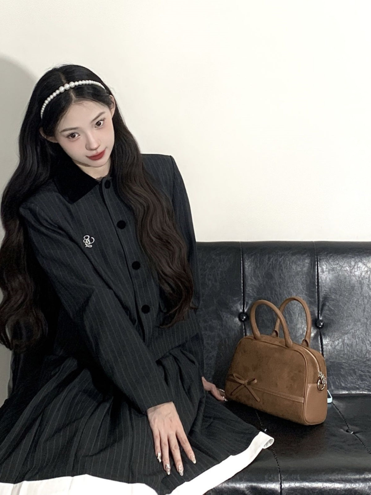 Amazing 2-Piece Set Long Sleeve Midi Dresses Simple Lapel Neck A-Line Stripe Long Dress AP4080