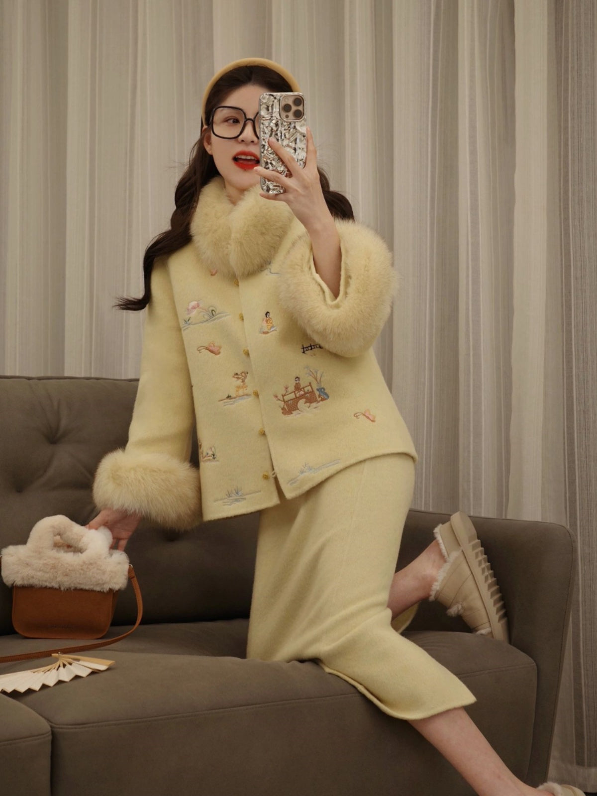 Chic 2-Piece Set Long Sleeve Yellow Midi Dresses Cute Jewel Neck Sheath Embroidered Long Dress AP4087