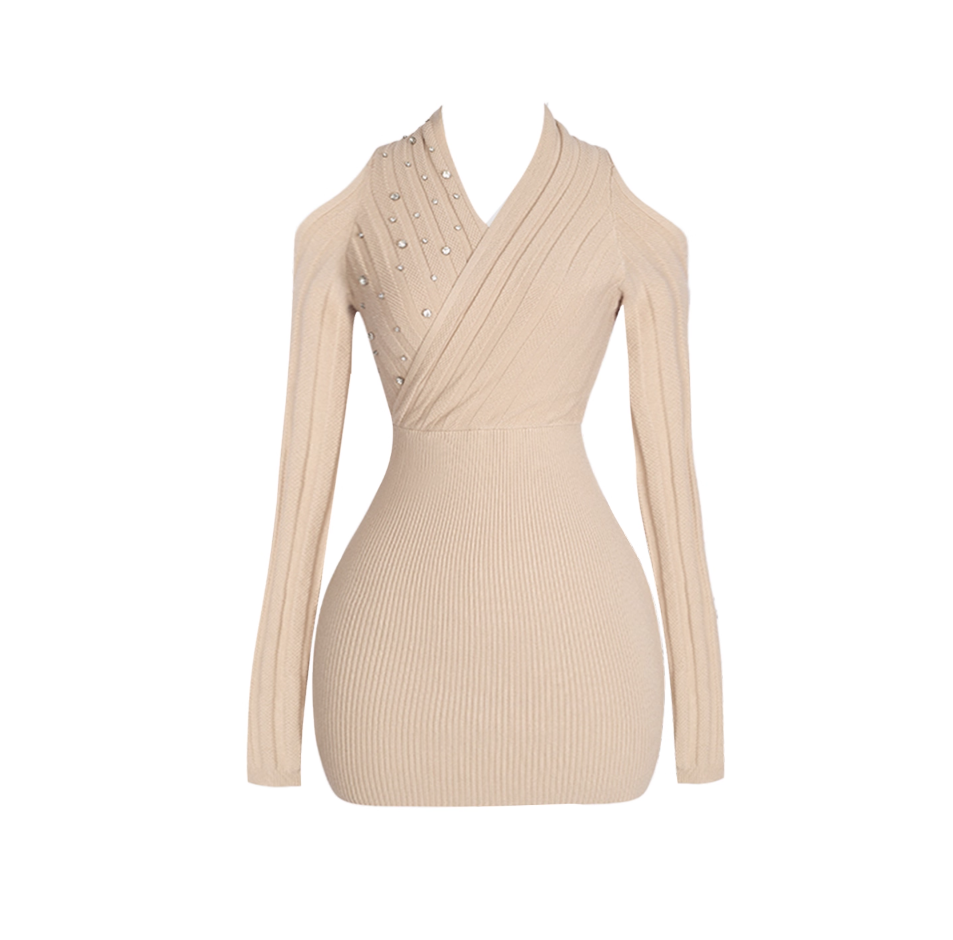 Elegant V Neck Long Sleeve Ribbed Mini Skirt Vogue Sequins Design Sheath Short Dress AP4091