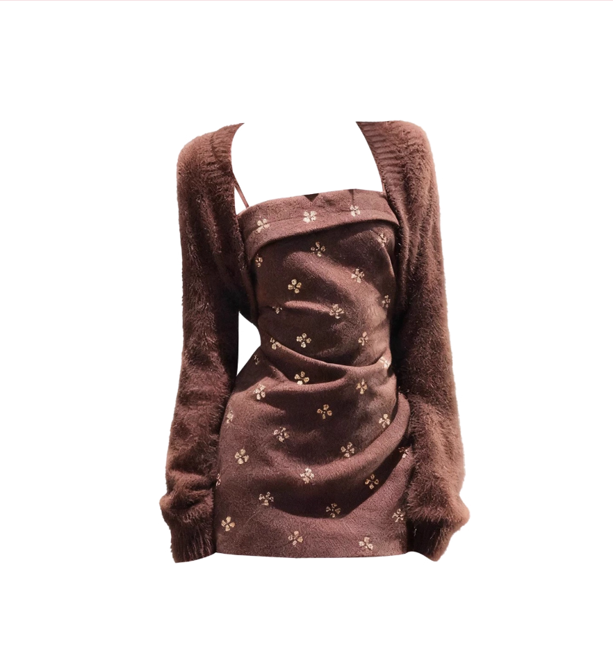 Dreamy Sheath Square Neck Mini Skirt Hottie 2-Piece Set Long Sleeve Cardigan Floral Short Dress AP4098