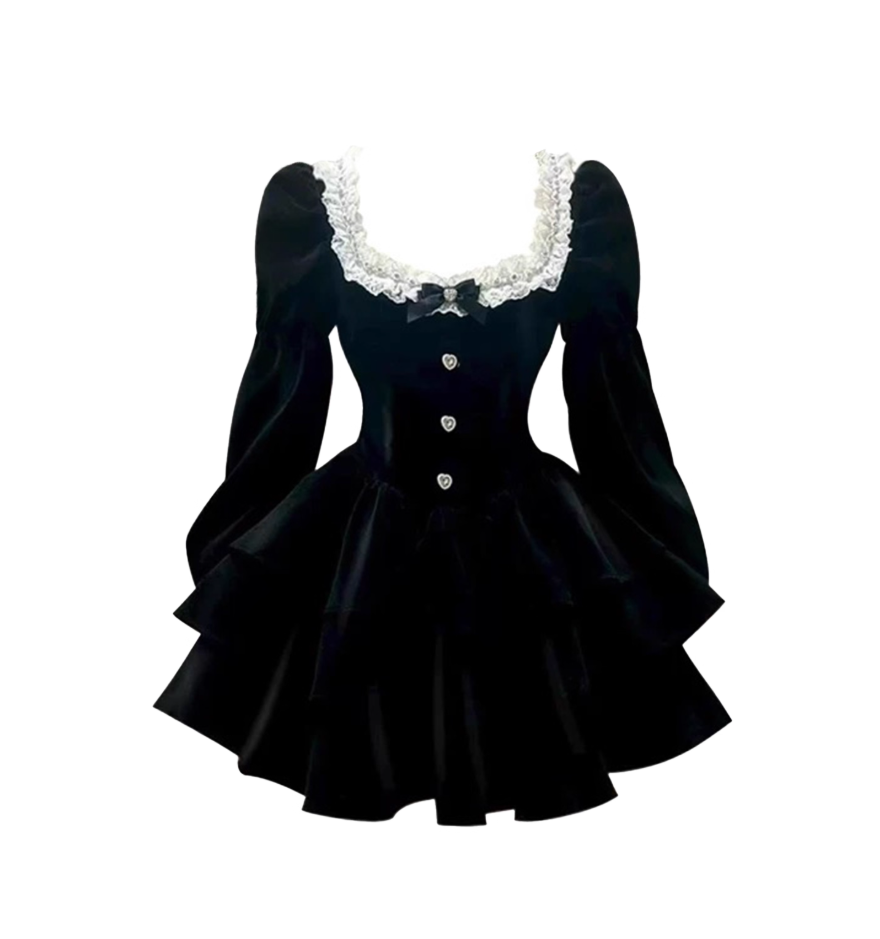 Glamorous Square Neck Long Sleeve Black Mini Skirt French-Inspired Cinched-Waist A-Line Ruffles Trim Short Dress AP4103