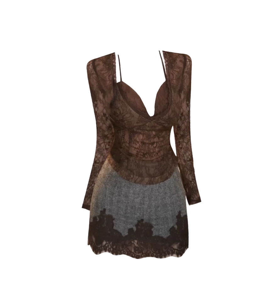 Dramatic Sheath Lace Splicing Long Sleeve Mini Skirt Hot Girls 2-Piece Set Sweetheart Neck Short Dress AP4104