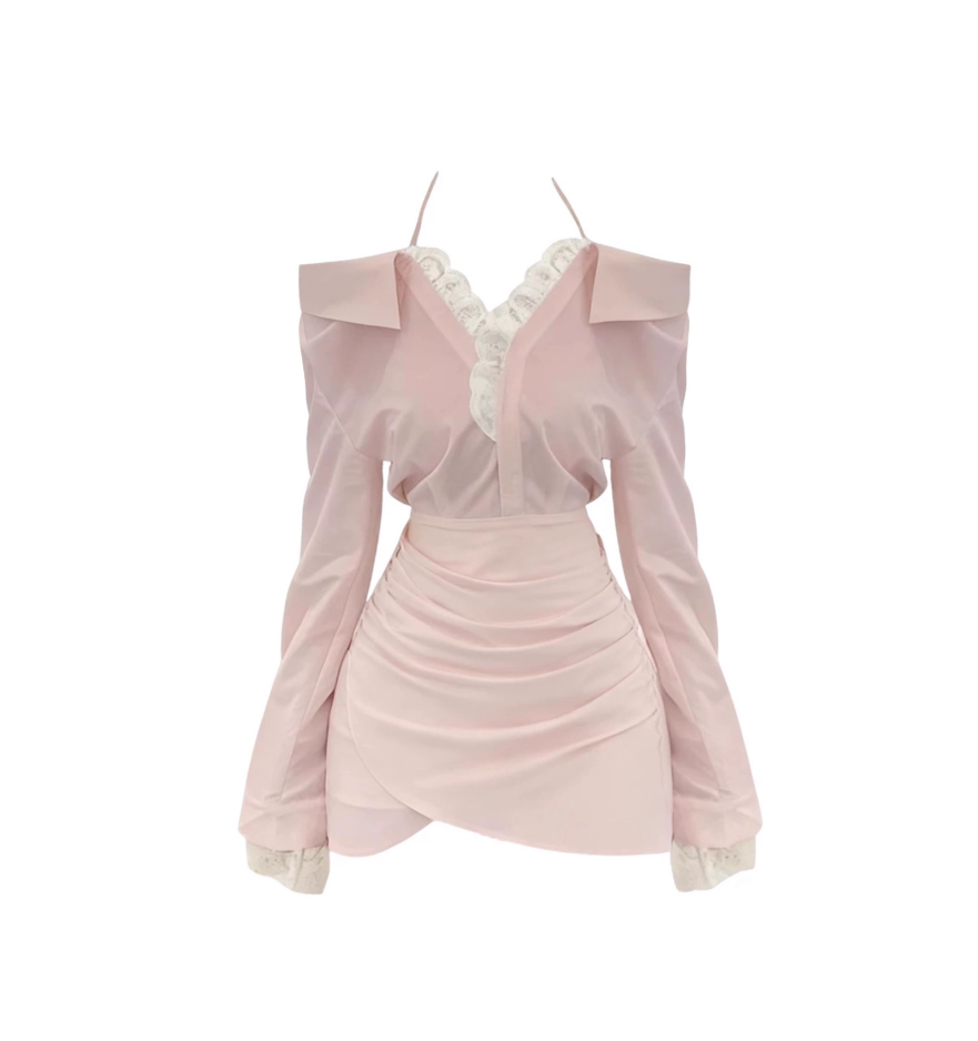 Novelty Off-Shoulder Long Sleeve Lace Trim Mini Skirt Sweet Sheath Asymmetric Hem Short Dress AP4106