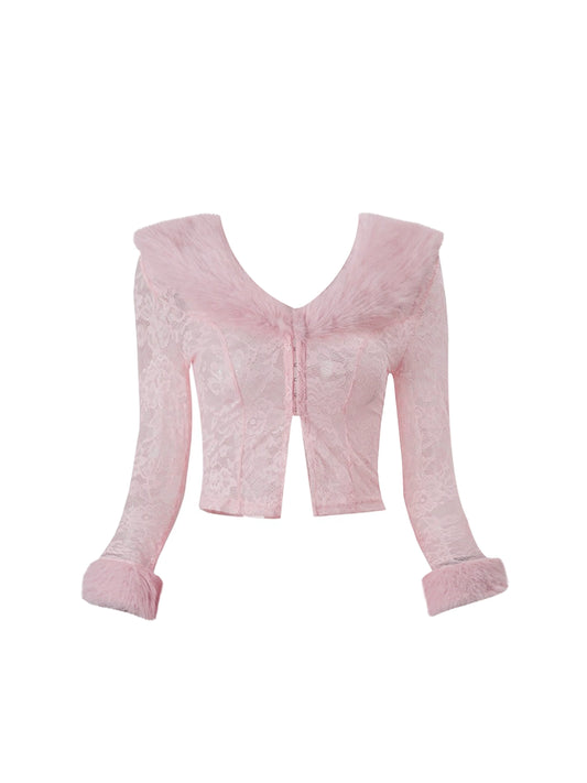 Unique V Neck Long Sleeve 2-Piece Set Mini Skirt Adorable Fur Trim Sheath Pink Draped Short Dress AP4107