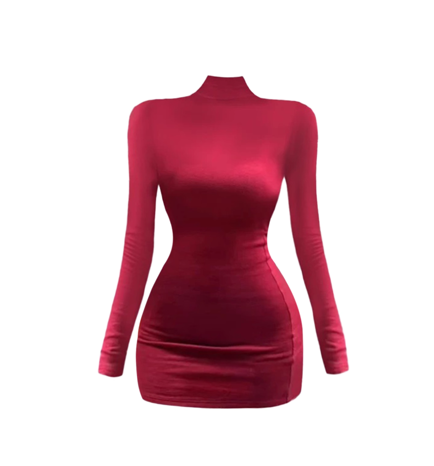 French Style Long Sleeve Sheath Mini Skirt Hottie High Collar Elastic Red Short Dress AP4109