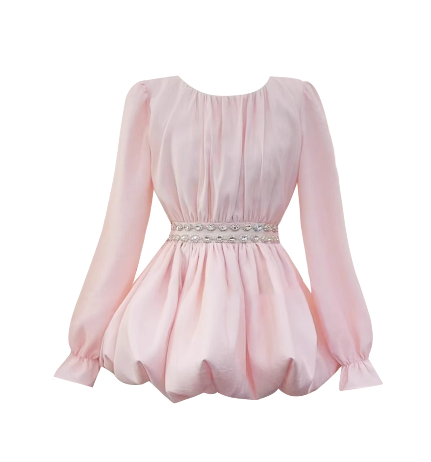 Sparkly Jewel Neck Long Sleeve Pink Mini Skirt Sweet A-Line Beaded Cinched-Waist Short Dress AP4115