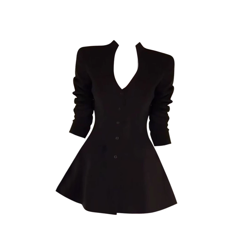 Stylish Long Sleeve V Neck Black Mini Skirt Sexy A-Line Cinched-Waist Everyday Wear Short Dress AP4118