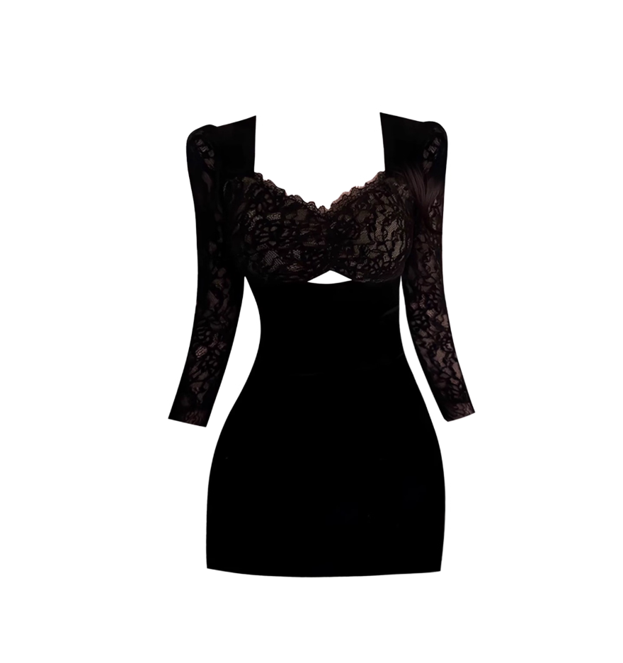 Vogue Long Sleeve Sheath Cutout Mini Skirt Unique Square Neck Lace Trim Black Short Dress AP4124