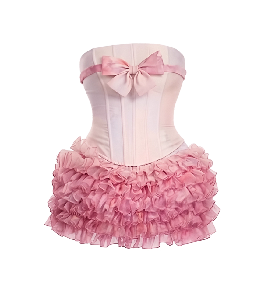 Maximalism A-Line 2-Piece Set Bow Accent Mini Skirt Sweet Strapless Ruffles Tulle Tiered Short Dress AP4129