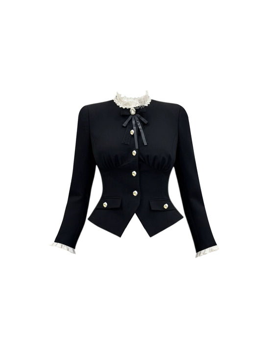 Delicate Long Sleeve Black 2-Piece Set Mini Skirt Vogue Cinched-Waist Sheath Jewel Neck Short Dress AP4131