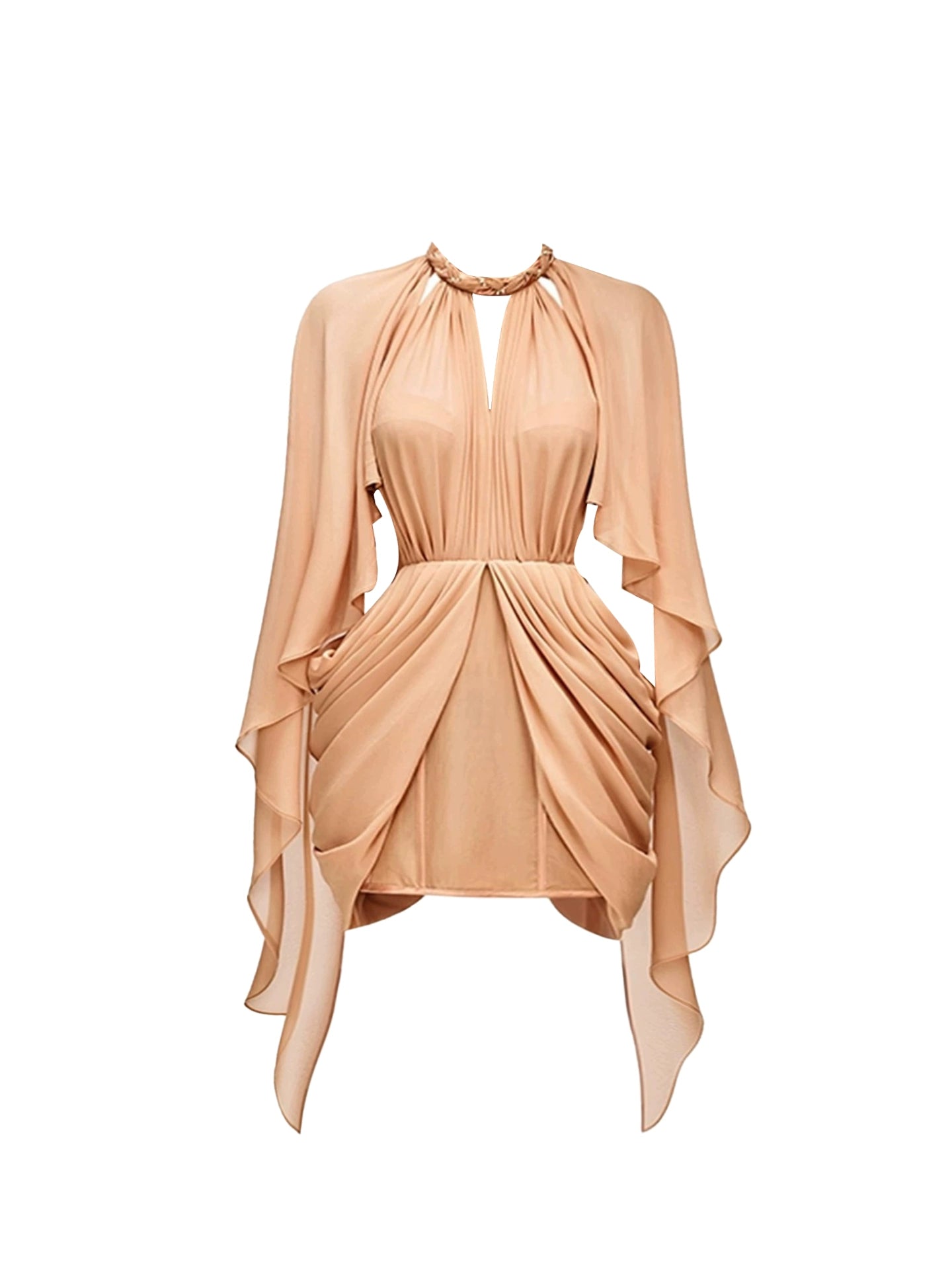 Fairy Jewel Neck Flowy Tulle Cutout Mini Skirt Romantic Sheath Long Sleeve Draped Short Dress AP4138