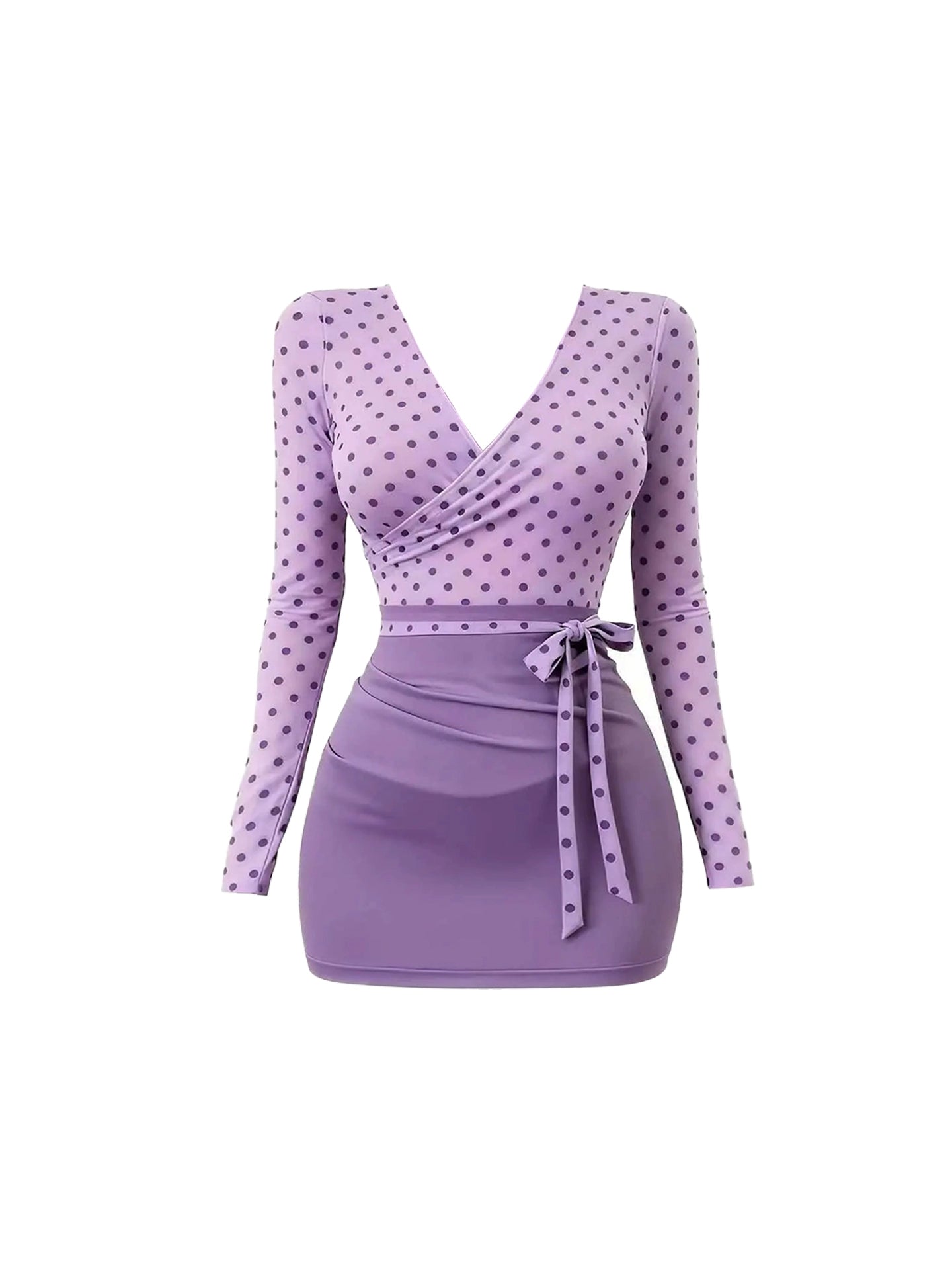 Enchanting Long Sleeve Polka Dots Mini Skirt Charming Bodycon V Neck Purple Short Dress AP4145