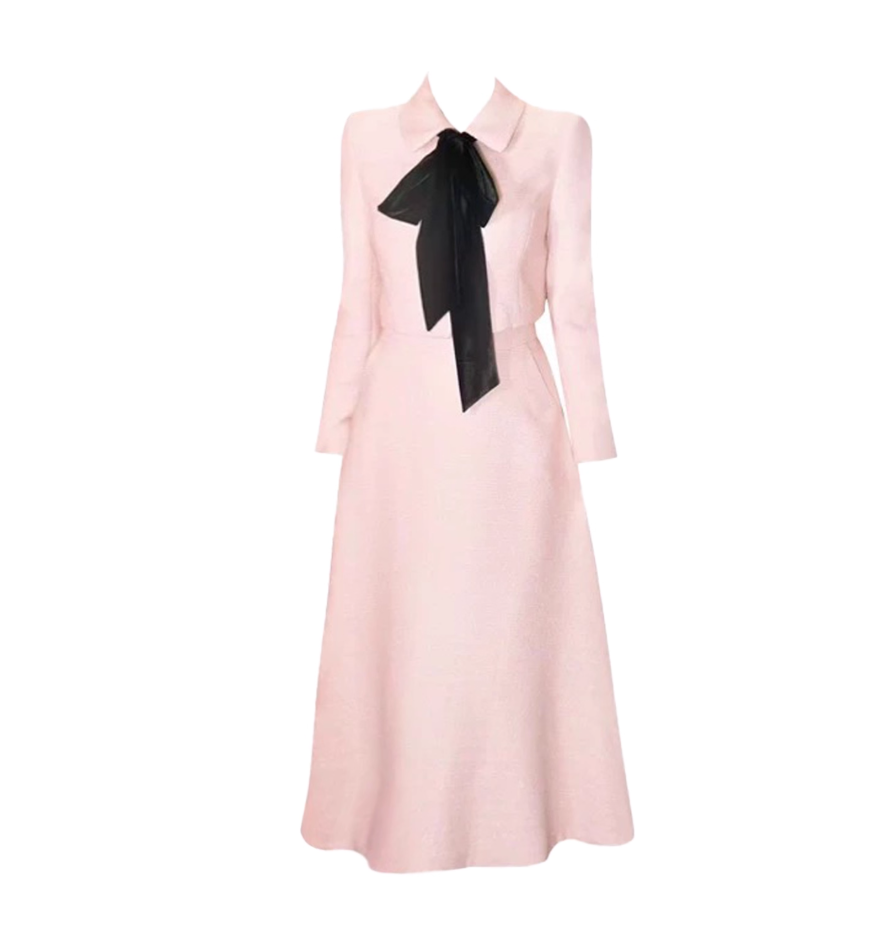 Splendid A-Line 2-Piece Set Lapel Neck Maxi Dress Graceful Ribbon Tie Long Sleeve Long Dress AP4151