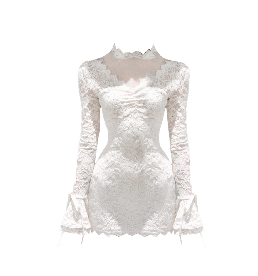Sweet Long Sleeve Splicing Lace White Mini Skirt Graceful Tulle Trim Bodycon Jewel Neck Short Dress AP4163