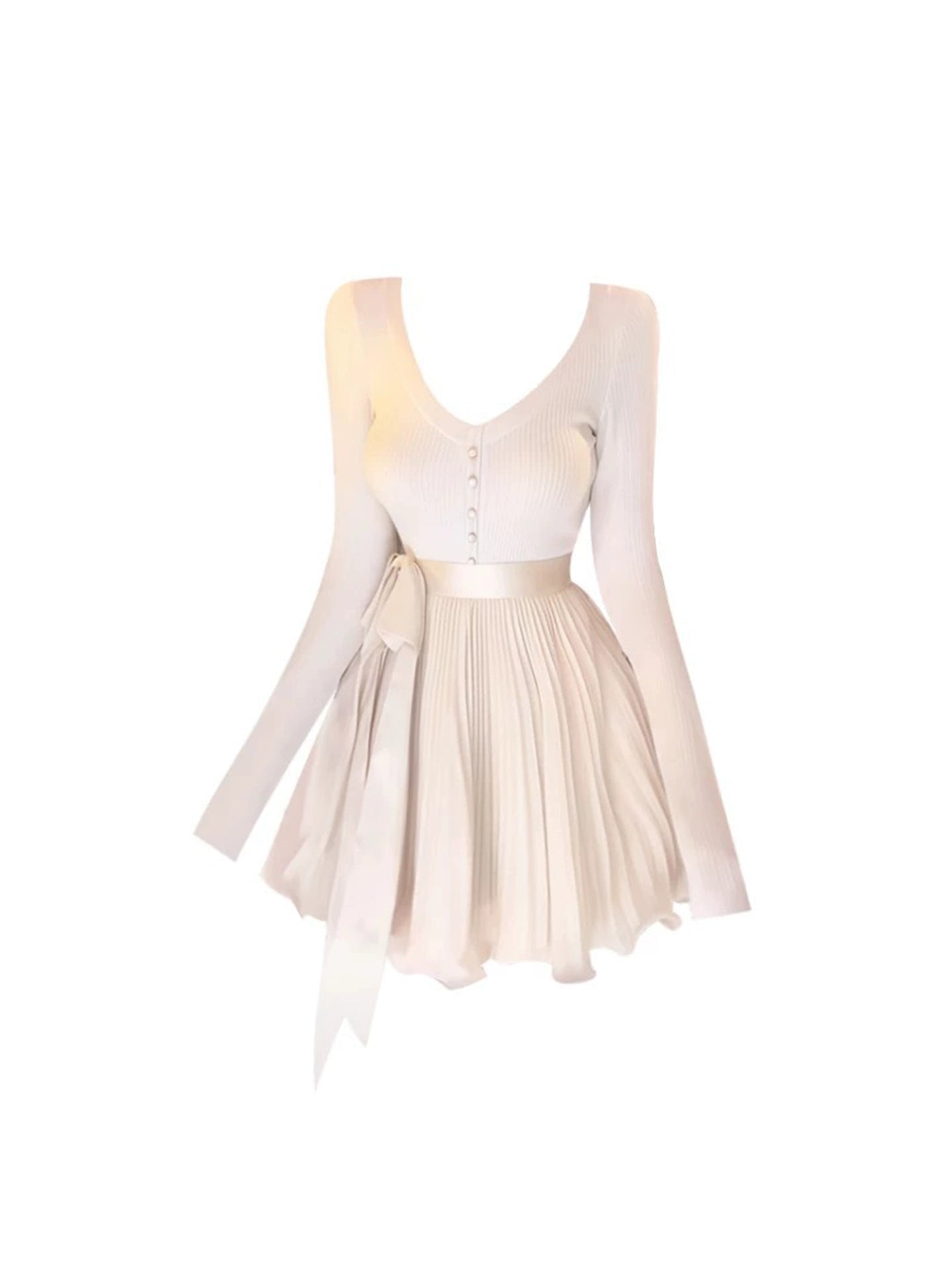 Cute Bow Accent Long Sleeve Ribbed Mini Skirt Charming V Neck A-Line Tulle Hem Short Dress AP4164