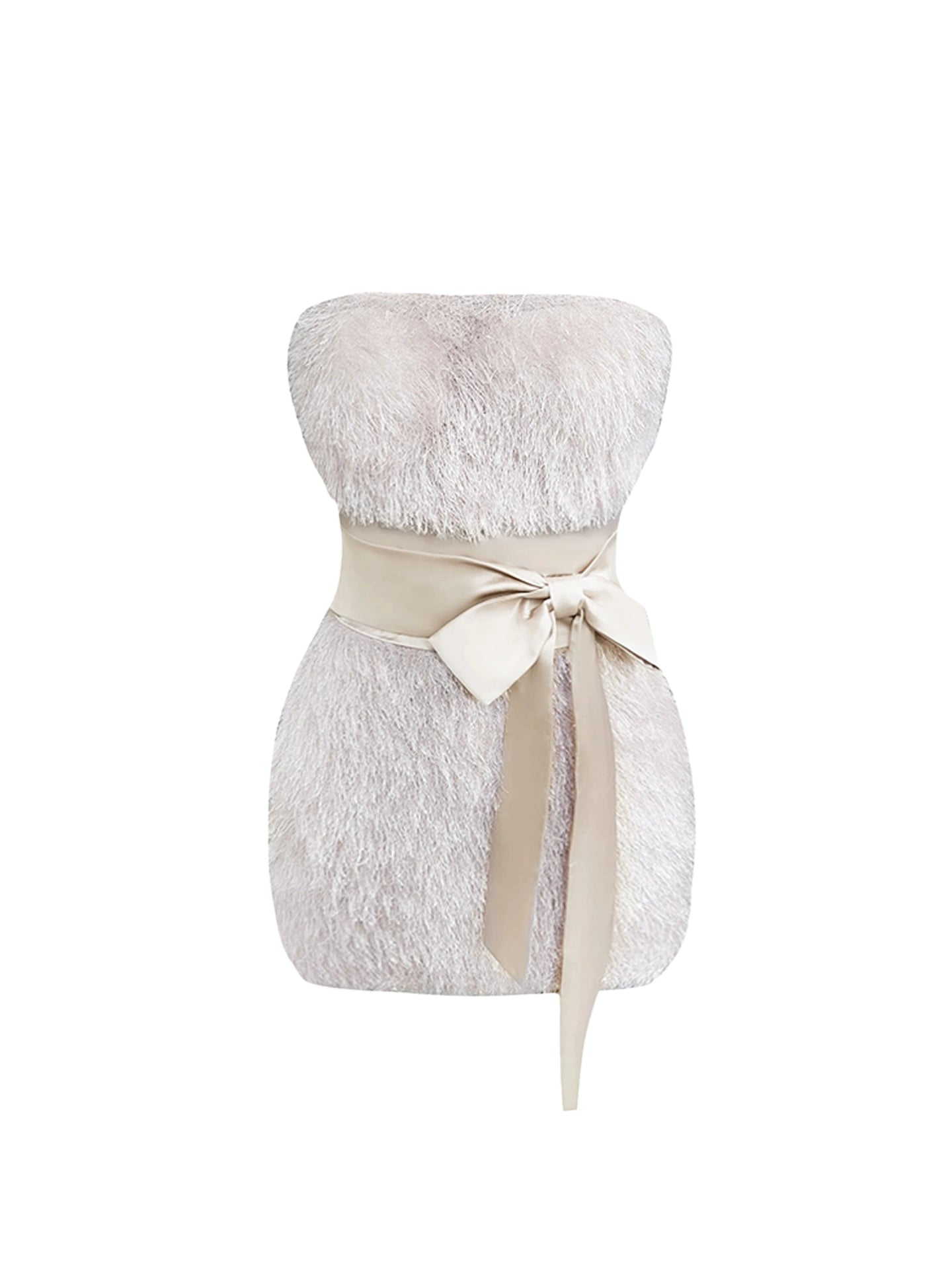 Vintage Cinched-Waist Sheath Mini Skirt Sweet Bow Accent Strapless Fur Trim Short Dress AP4165