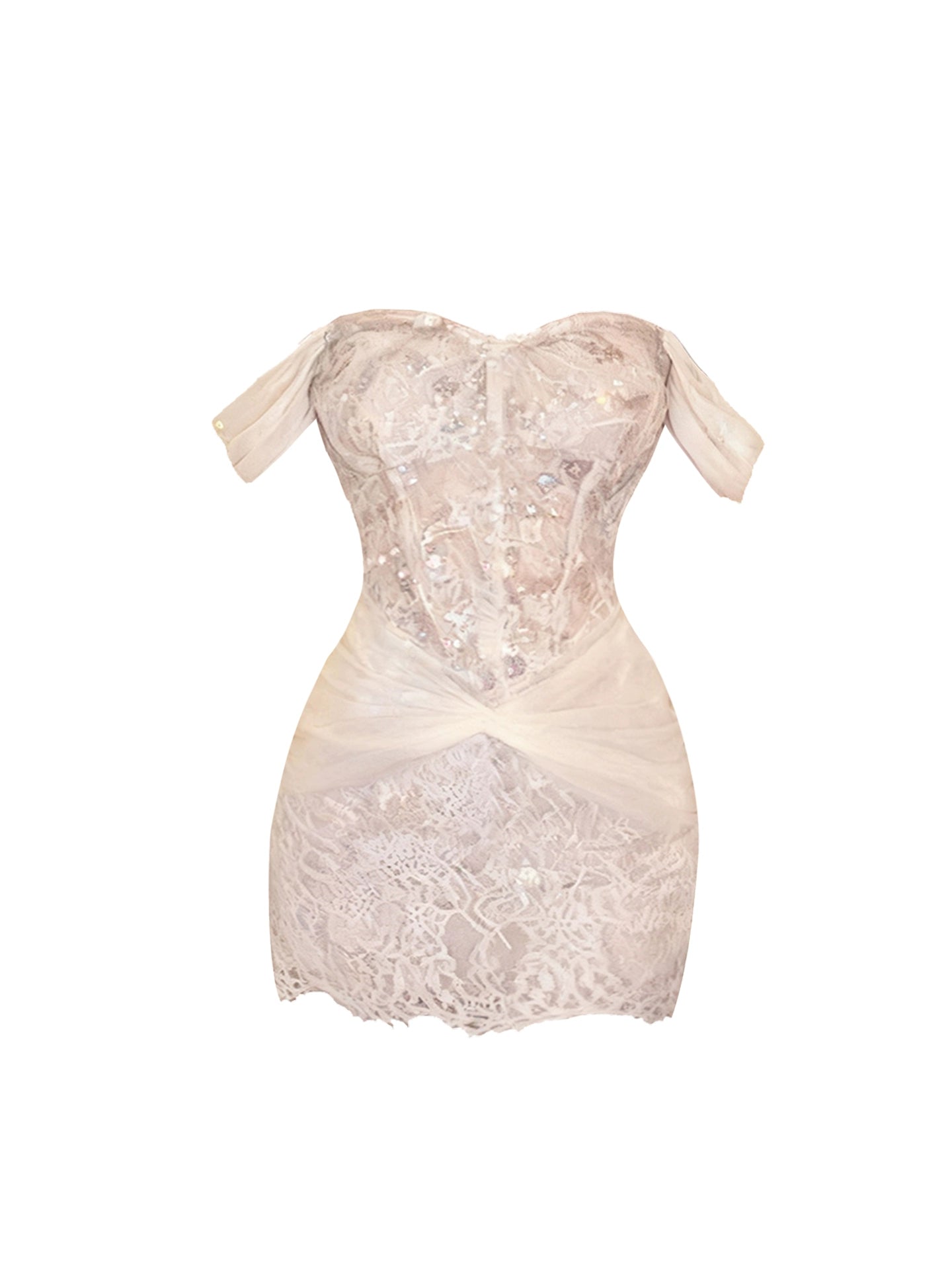 Ethereal Sequins Accent Sheath Mini Skirt Vogue Off-Shoulder Lace Tulle Splicing Short Dress AP4168