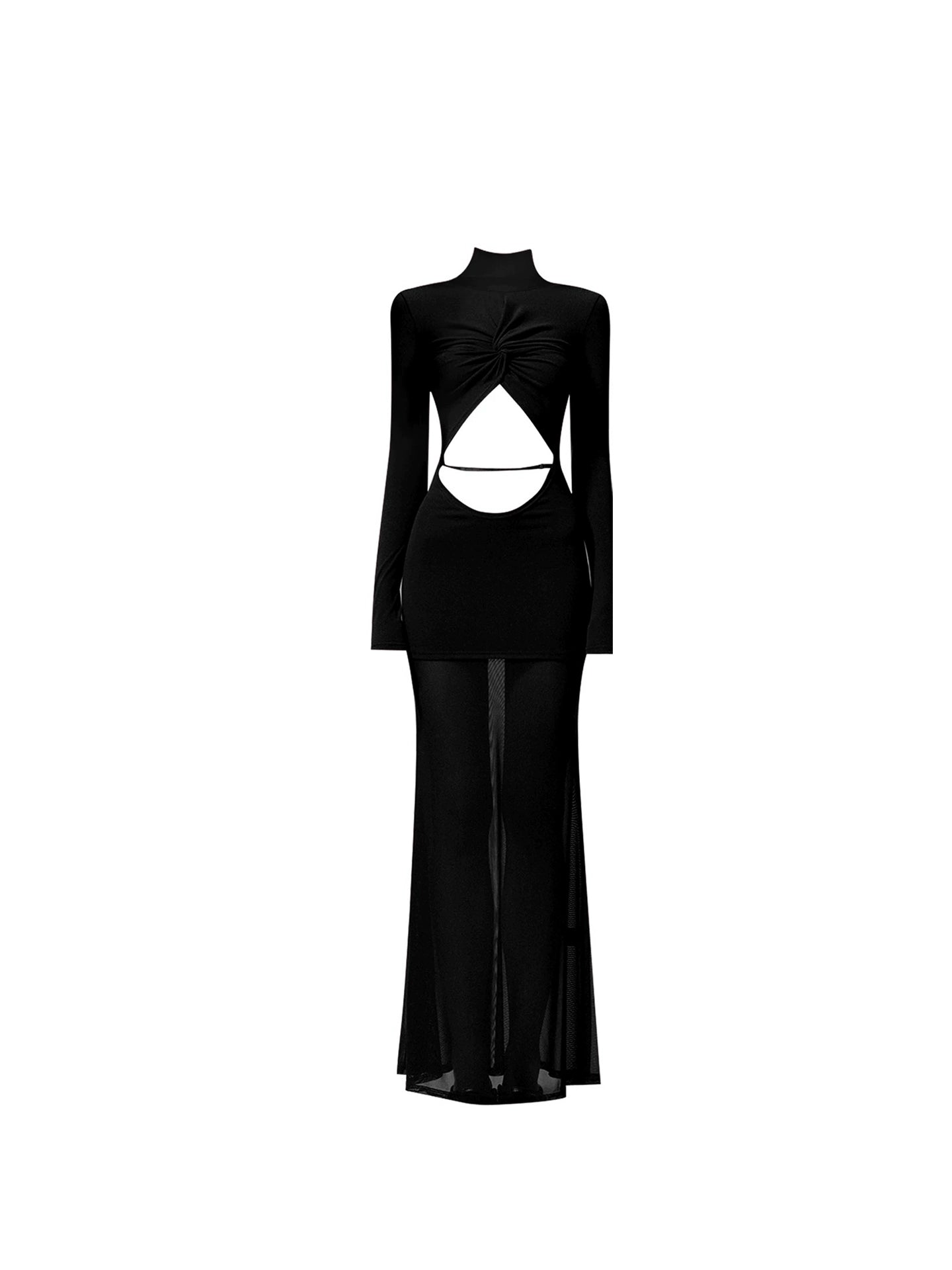 Stunning Black Cutout Long Sleeve Maxi Dress Glam High Collar Tulle Splicing Mermaid Long Dress AP4175