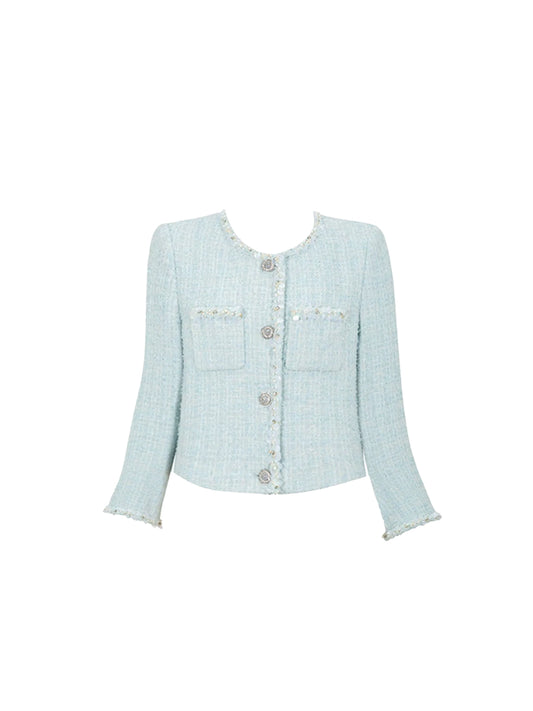 Minimalist Tweed 2-Piece Set Jewel Neck Beaded Mini Skirt Graceful Long Sleeve A-Line Pleated Short Dress AP4181