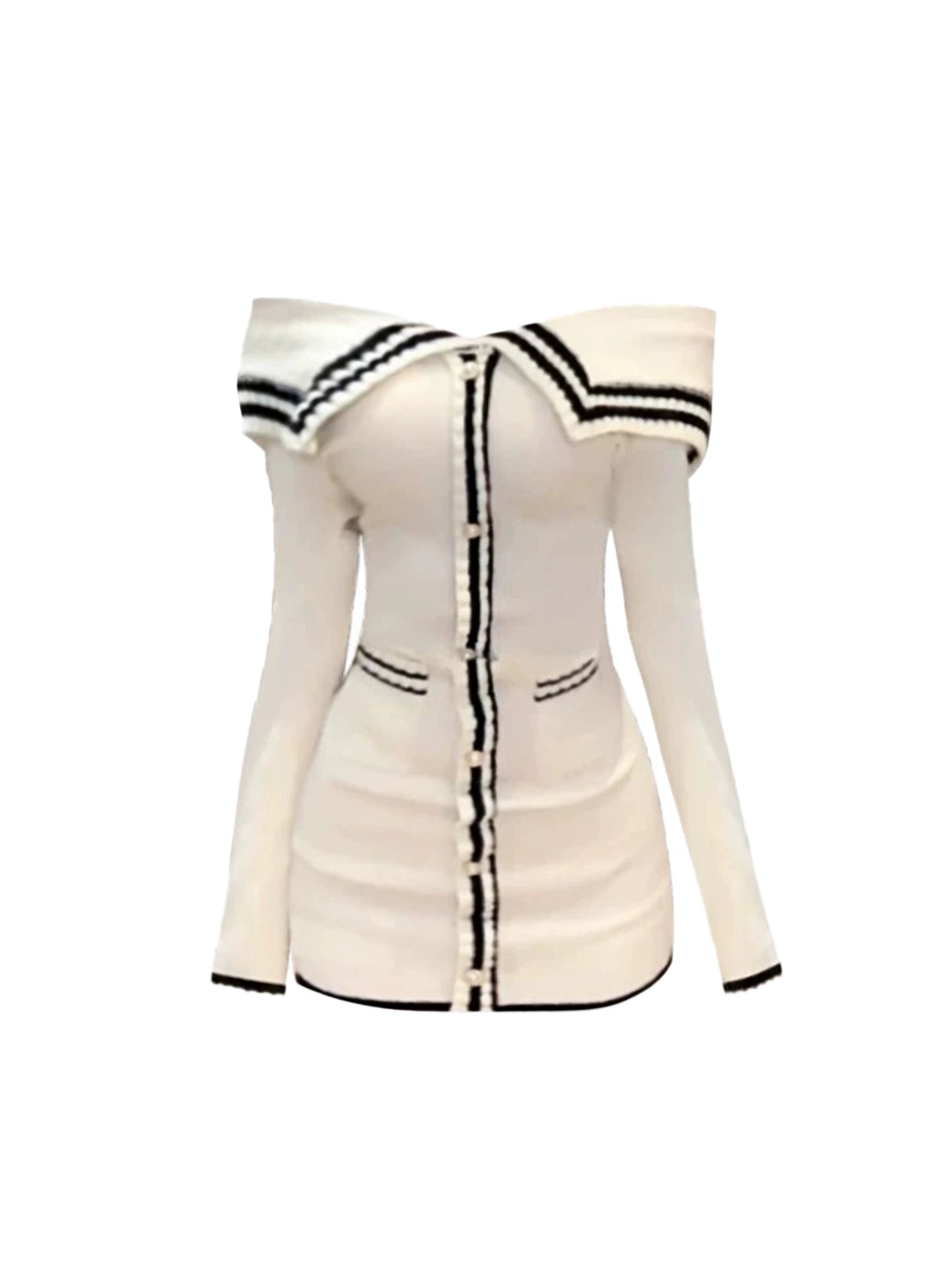 Adorable Off-Shoulder Color-Blocked Mini Skirt With Pocket Chic Long Sleeve Sheath Knitted Short Dress AP4185