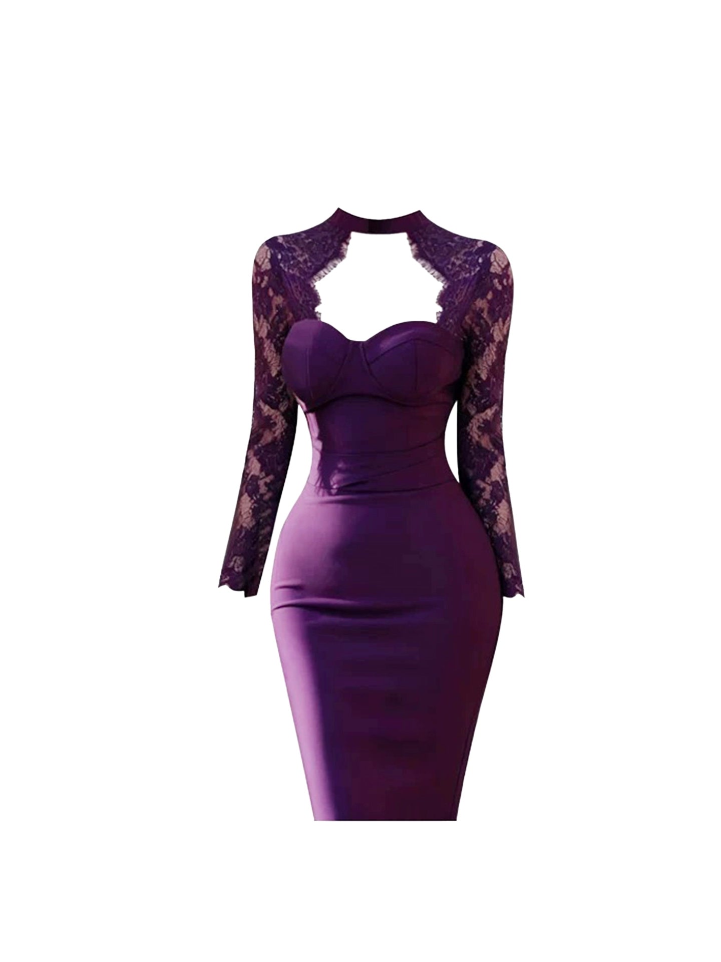 Stylish Jewel Neck Lace Trim Mini Skirt Alluring Cutout Long Sleeve Sheath Short Dress AP4187
