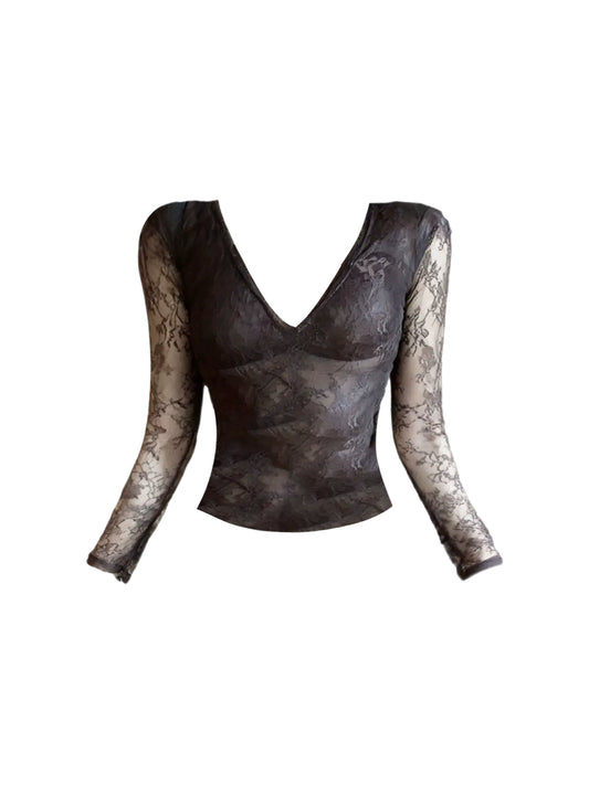 Attractive V Neck 2-Piece Set Mini Skirt Vintage Lace Trim Long Sleeve Bodycon Short Dress AP4191