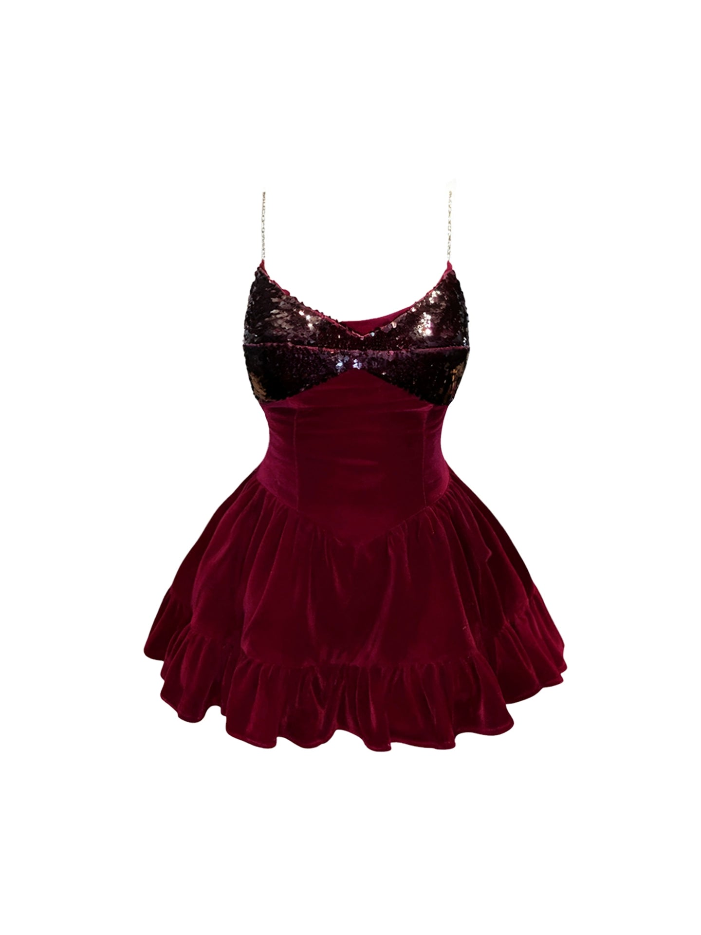 Boho-Inspired Spaghetti Strap Sequins Accent Mini Skirt Vibrant Splicing Velvet A-Line Red Short Dress AP4210