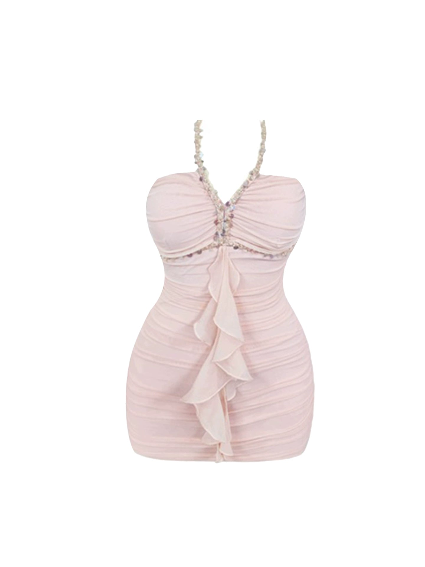 Amazing Bodycon Rhinestones Accent Mini Skirt Sparkly Ruffles Trim Halter Short Dress AP4217