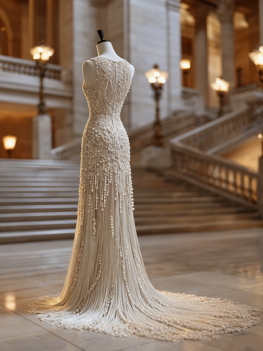 Graceful Sheath Jewel Neck Evening Gowns Exquisite Beading Tassel Prom Dress AP4228