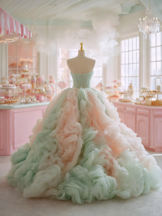 Flattering A-Line Strapless Sweet 16th Dresses Ruffles Ombre Tulle Prom Dress AP4258