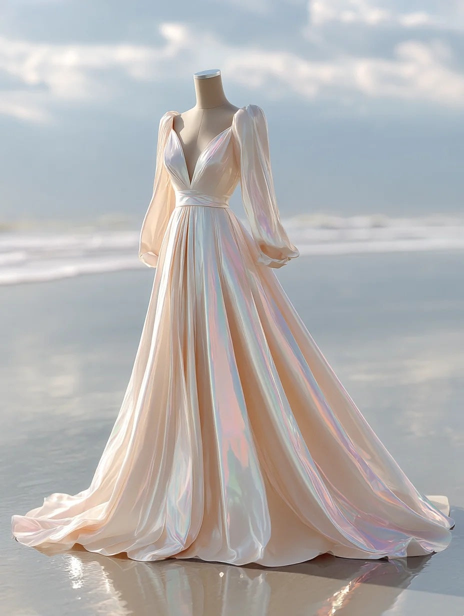 Bling A-Line V Neck Sweet 16th Gowns Long Sleeve Long Prom Dress AP4259