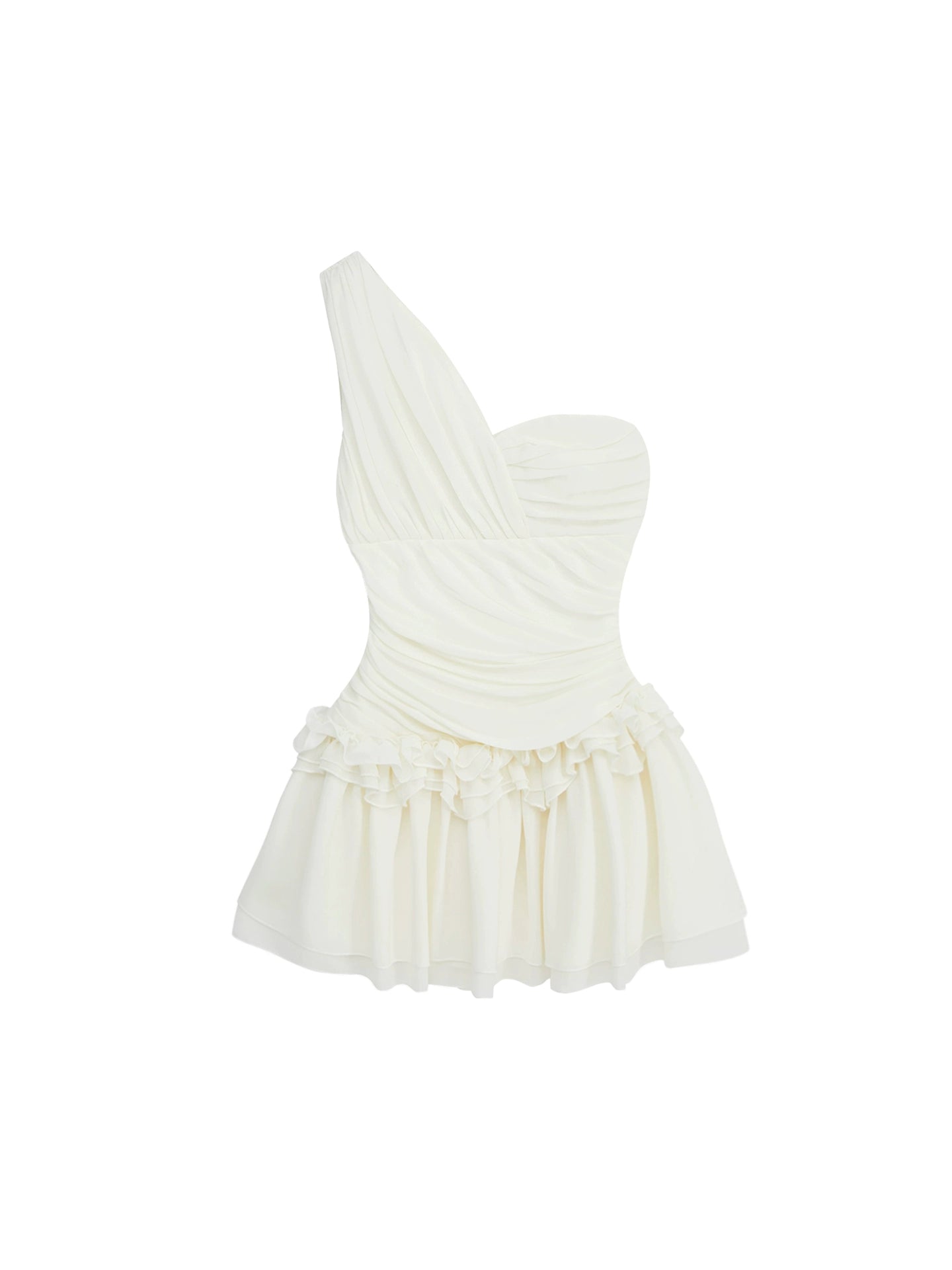 Vogue One Shoulder White Tulle Mini Skirt Elegant A-Line Ruffles Trim Short Dress AP4264