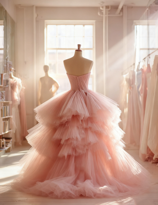 Amazing Strapless A-Line Sweet 16th Gowns Pink Tiered Tulle Prom Dress AP4283