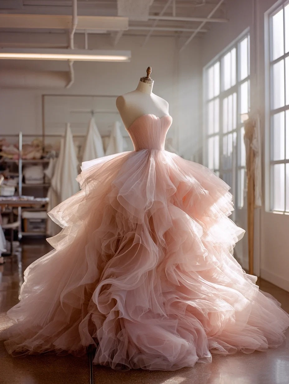 Appealing Strapless A-Line Sweet 16th Gowns Pink Ruffled Tulle Prom Dress AP4284